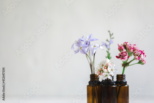 Variety of flowers displayed in empty essential oils bottles with white background