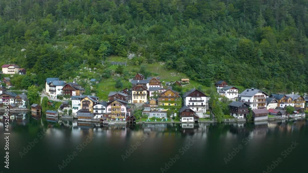 Aerial Push In Toward Traditional Austrian Alpine Homes in Hallstatt, Austria on Lake Hallstatt Aerial Push In Toward Traditional Austrian Alpine Homes in Hallstatt, Austria on Lake Hallstatt