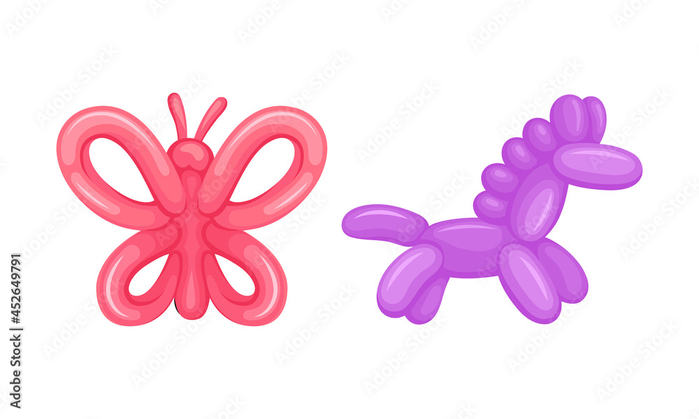 Cute butterfly, horse animals made from inflatable balloons set cartoon vector illustration