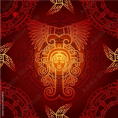 Seamless color pattern from decorative elements based on motives of art Native American Indian. The stylized human face. Vector illustration.