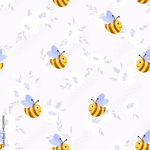 Seamless pattern with bees on color floral background. Small wasp. Vector illustration. Adorable cartoon character. Template design for invitation, cards, textile, fabric. Doodle style