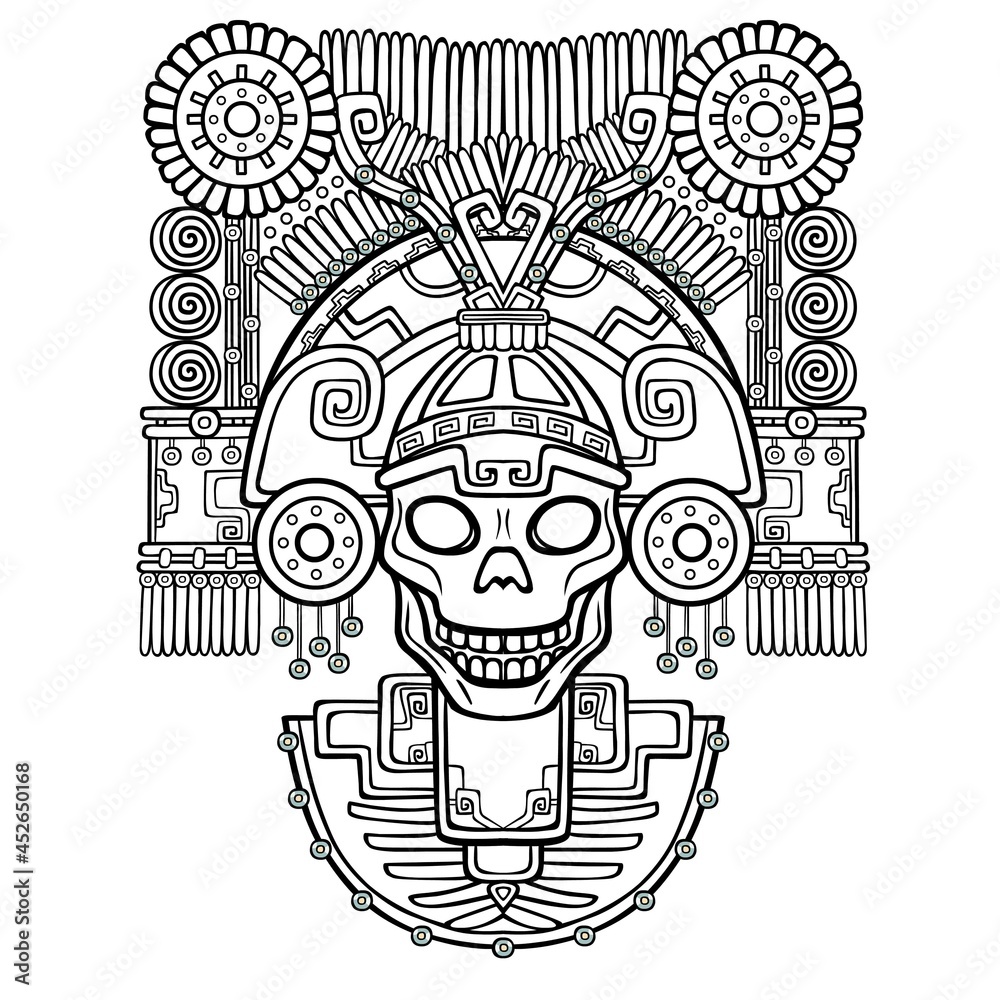 Stylized skull. Pagan god of death. Motives of art Native American Indian. Vector illustration: the black silhouette isolated on a white background. Be used for coloring book.Print, posters, t-shirt. Stylized skull. Pagan god of death. Motives of art Native American Indian. Vector illustration: the black silhouette isolated on a white background. Be used for coloring book.Print, posters, t-shirt.
