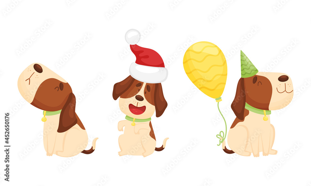 Fototapeta premium Cute funny beagle dog set. Cute pet animal in xmas and party hat celebrating holidays cartoon vector illustration