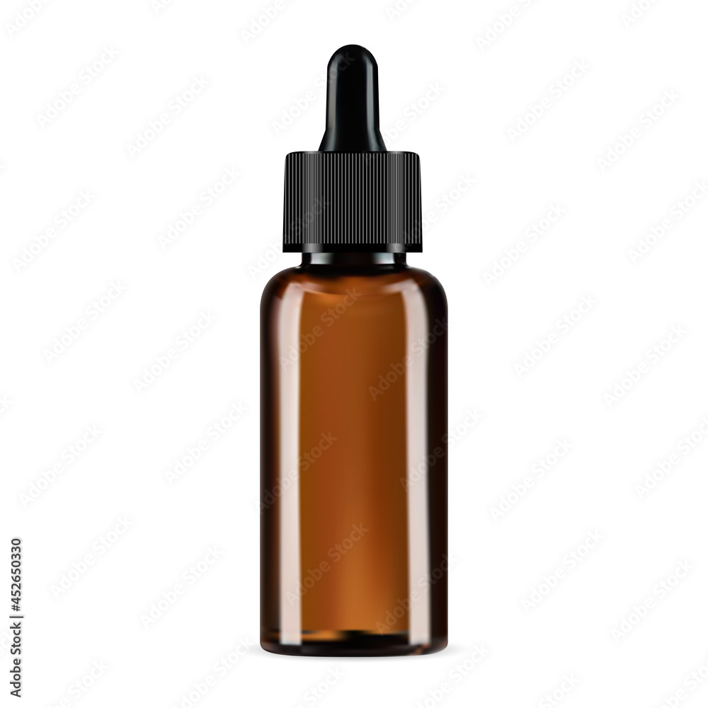 Dropper bottle, brown glass cosmetic eyedropper mockup. Amber glass serum, essential oil or medicine tincture pipette packaging. Medical elixir container, nasal aromatherapy, collagen flacon