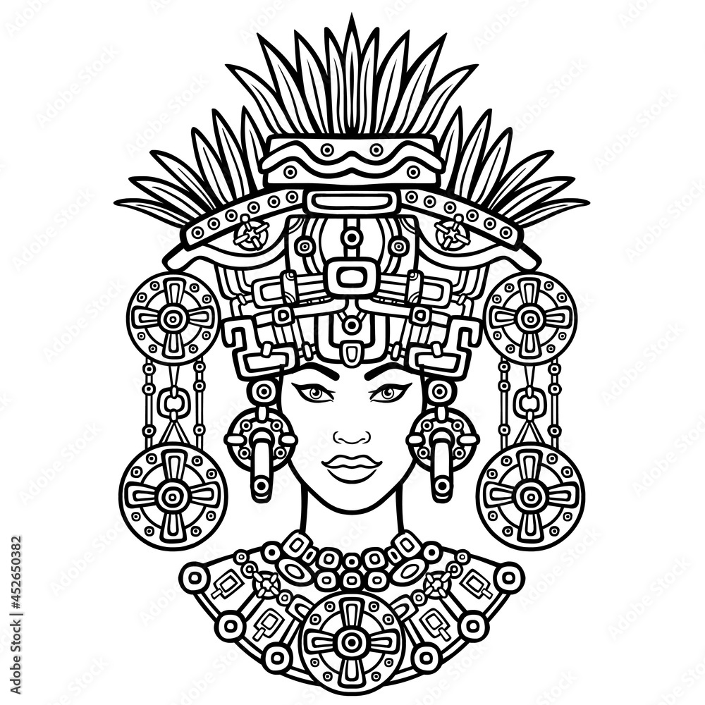 Animation portrait of the pagan goddess  based on motives of art Native American Indian.   Monochrome decorative drawing. Vector illustration isolated on a white background.
