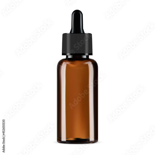 Dropper bottle, brown glass cosmetic eyedropper mockup. Amber glass serum, essential oil or medicine tincture pipette packaging. Medical elixir container, nasal aromatherapy, collagen flacon