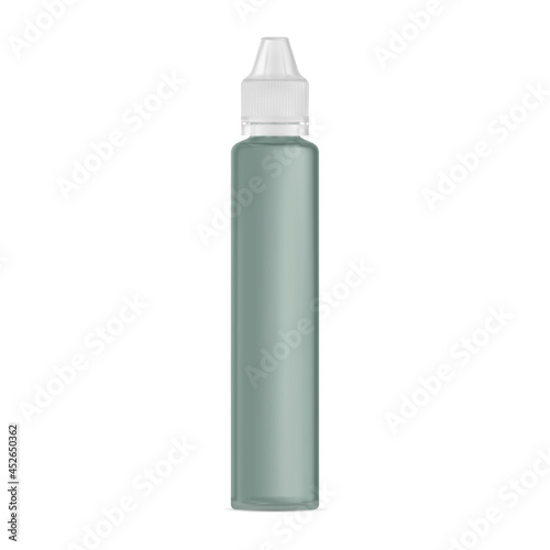 E liquid dropper bottle, vaper juice mockup, plastic flask. Eye serum container, vapor glycerin vial, dripper blank design isolated template. Electronic smoke flavor pack template, glass template