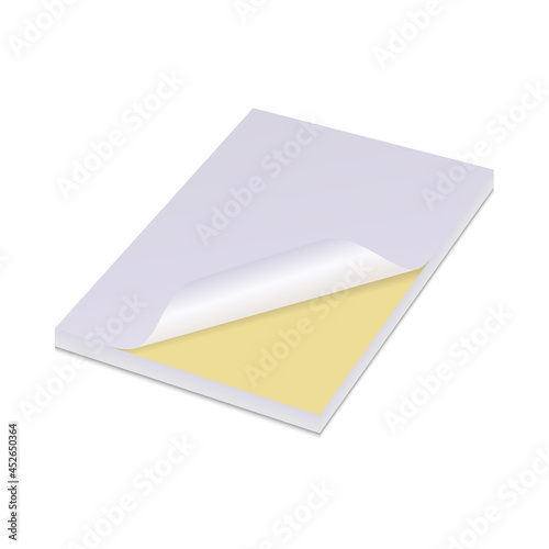 White paper sticker, yellow postit note, sticky adhesive blank. Vector memo tag template, isolated notice page. Important memory pin tip. Empty curved sheet, office notepaper