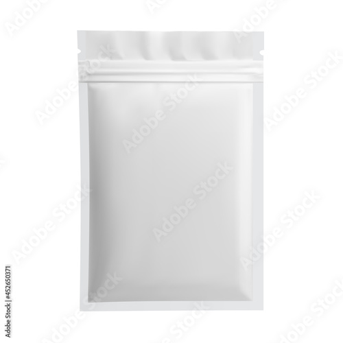 Paper pouch vector blank. White sachet package mockup, small template, sugar or tea container. Pillow bag sample, matte wrap, soup, candy or chocolate cover. Snack packaging illustration photo