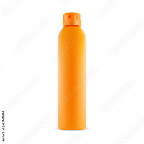 Deodorant spray blank, vector container mockup. Aerosol can, air freshener template. Yellow plastic round packaging, hair odor, mist cap empty package for presentation. Freshener product