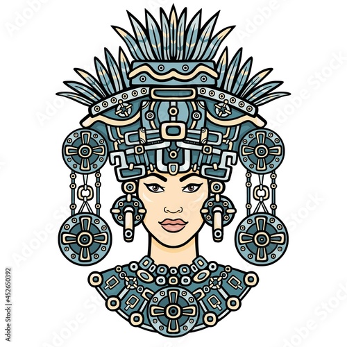 Animation portrait of the pagan goddess  based on motives of art Native American Indian.   Color decorative drawing. Vector illustration isolated on a white background.
