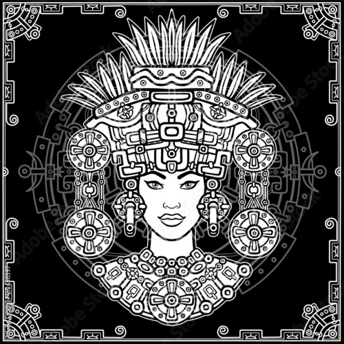 Animation portrait of the pagan goddess  based on motives of art Native American Indian.   Monochrome decorative drawing. Vector illustration. Background - a decorative frame, a magic circle.