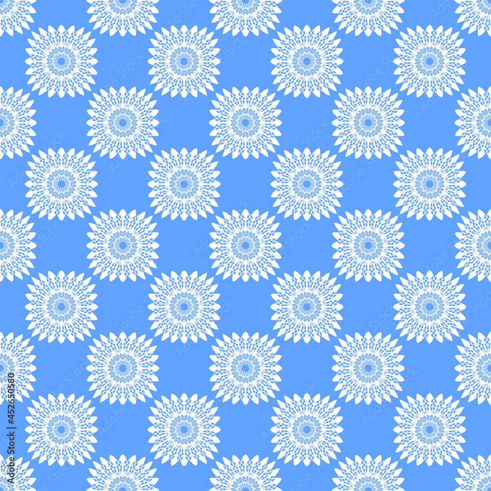 Winter seamless pattern with white snowflakes on blue background. Vector illustration for fabric, textile wallpaper, posters, gift wrapping paper. Christmas vector illustration. Falling snow Winter seamless pattern with white snowflakes on blue background. Vector illustration for fabric, textile wallpaper, posters, gift wrapping paper. Christmas vector illustration. Falling snow