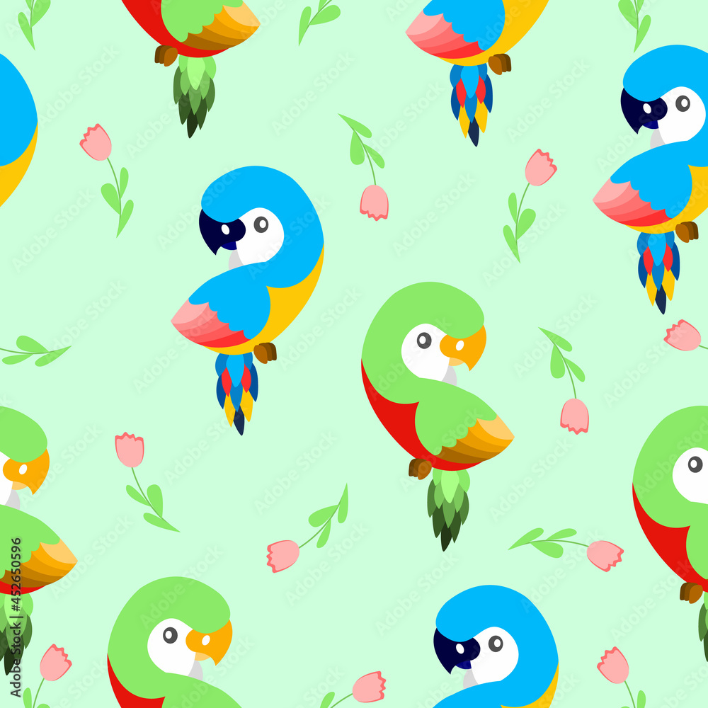 Seamless pattern with ara parrots and pink tulips. Blue, yellow, green, pink, red. Green background. Cartoon style. Cute and funny. For kids post cards, stationery, wallpaper, textile, wrapping paper