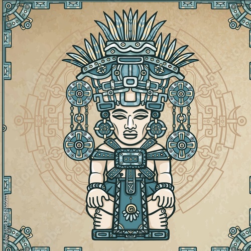 Linear color drawing: decorative image of an ancient Indian deity. Magic circle. Patten frame. A background - imitation of old paper. Vector illustration.
