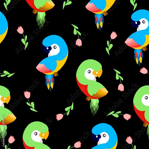 Seamless pattern with ara parrots and pink tulips. Blue, yellow, green, pink, red. Black background. Cartoon style. Cute and funny. For kids post cards, stationery, wallpaper, textile, wrapping paper