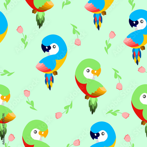 Seamless pattern with ara parrots and pink tulips. Blue, yellow, green, pink, red. Green background. Cartoon style. Cute and funny. For kids post cards, stationery, wallpaper, textile, wrapping paper © Куприянова Ксения