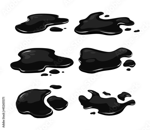 Puddle of oil slick spill isolated on the white background. Set of black stain. Vector illustration