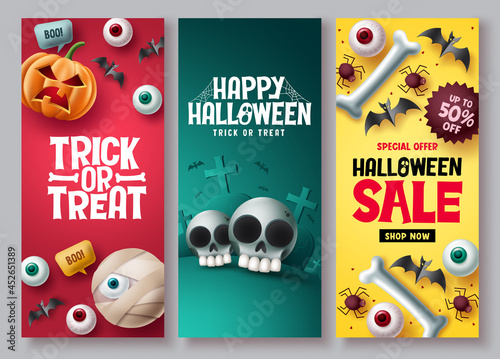 Halloween sale vector poster set. Halloween discount price offer with cute and scary emoji character elements for shopping promotion ads. Vector illustration.