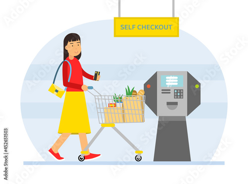 Woman Character with Shopping Cart Paying at Self Checkout with ATM Machine Vector Illustration