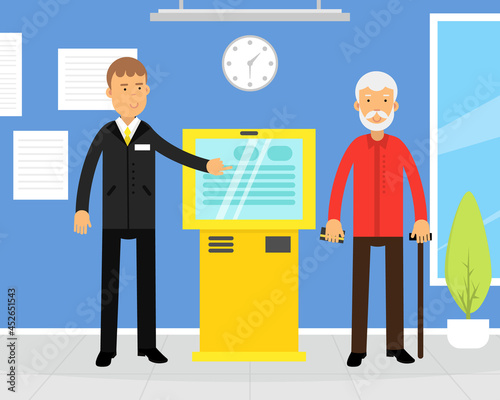 Bank Consultant Helping Senior Man Character Getting Cash with ATM Machine Vector Illustration