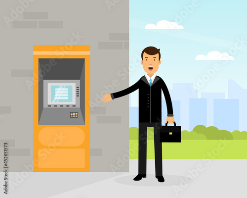 Man Character in Suit and Briefcase Standing Near ATM Machine Vector Illustration