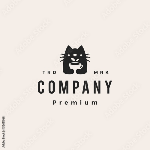 cat tea cup leaf drink hipster vintage logo vector icon illustration