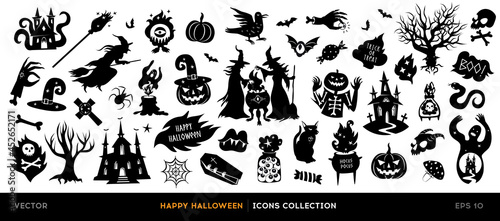 Set of halloween silhouettes. Collection of vector halloween icon and character isolated on a white background.
