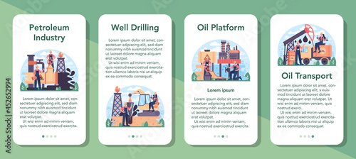 Petroleum industry mobile application banner set. Pumpjack platform