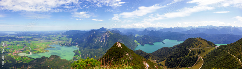 Lakes and mountains. Web banner of Bavarian village Kochel am See  with Alp Lake (Kochelsee, Walchensee) in Bavarian Prealps in Germany, Europe. view from the Herzogstand. Karwendel Mountains