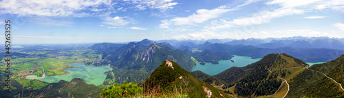 Lakes and mountains. Web banner of Bavarian village Kochel am See  with Alp Lake (Kochelsee, Walchensee) in Bavarian Prealps in Germany, Europe. view from the Herzogstand. Karwendel Mountains photo