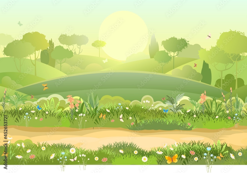 Naklejka premium Road. Amusing beautiful forest landscape. Trail. Cartoon style. Leaves. The path through the hills with grass. Cool romantic beauty. Flat design illustration. Vector art