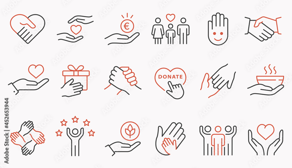 Charity line icon set. Collection of handshake, donate, foundation, help, and more. Editable stroke. - obrazy, fototapety, plakaty 