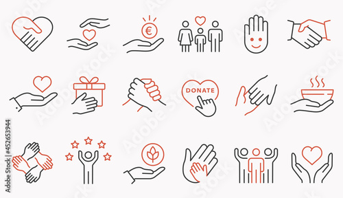 Charity line icon set. Collection of handshake, donate, foundation, help, and more. Editable stroke.