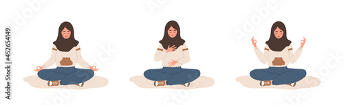 Abdominal breathing. Arab woman practicing belly breathing for relaxation. Breath awareness yoga exercise. Meditation for body, mind and emotions. Spiritual practice. Flat cartoon vector illustration.