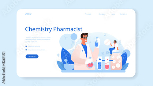 Pharmacy web banner or landing page. Pharmacist preparing