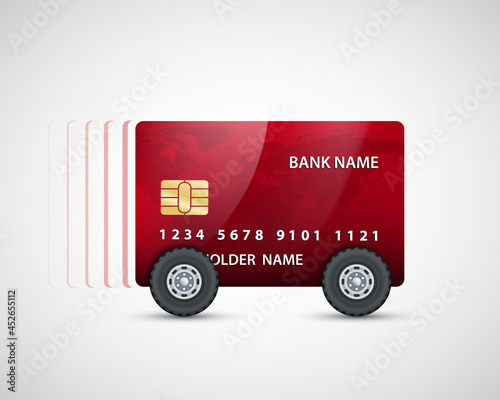 Credit card with car wheels. Cashback loyalty program