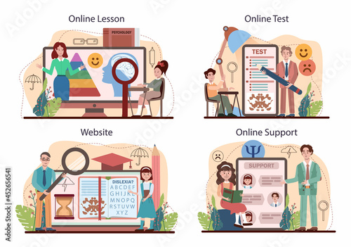 Psychology school course online service or platform set. School psychologist