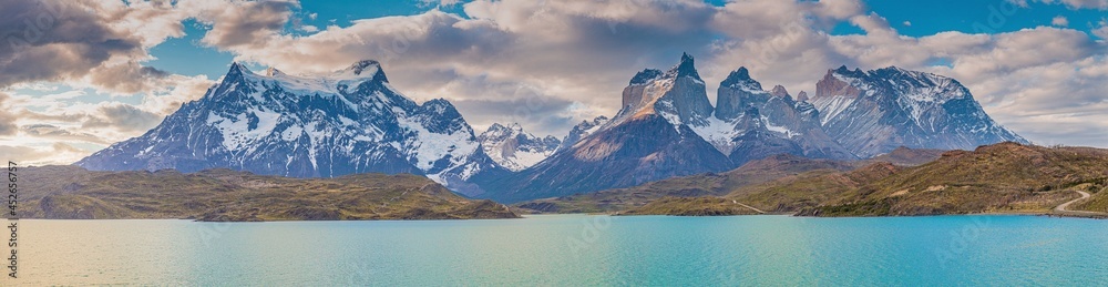 Panoramic image of the mountain massif in Torres del Paine National Park in chilean part of Patagonia