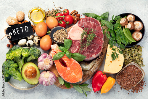 Photography Keto diet food on light gray background.