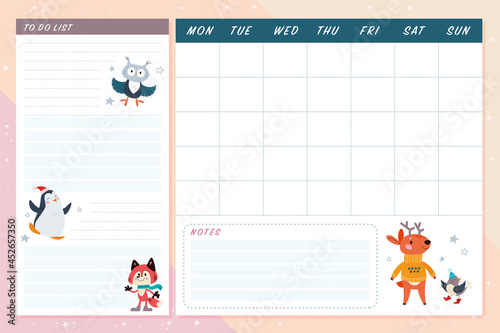 Set of monthly calendar planner page set design template for children with cute animal characters. Flat lay, pastel colors. Back to school equipment. Vector illustration.
