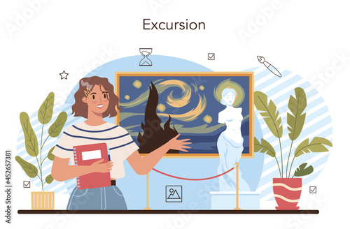 History of art school education. Student studying art history on excursion