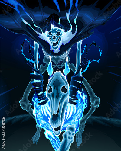 Skeleton is riding a ghost horse. Vector horror illustration
