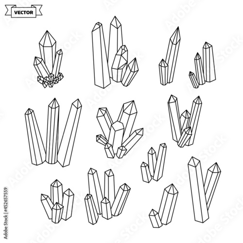 Set of vector linear icons. Collection of minerals and natural crystals.