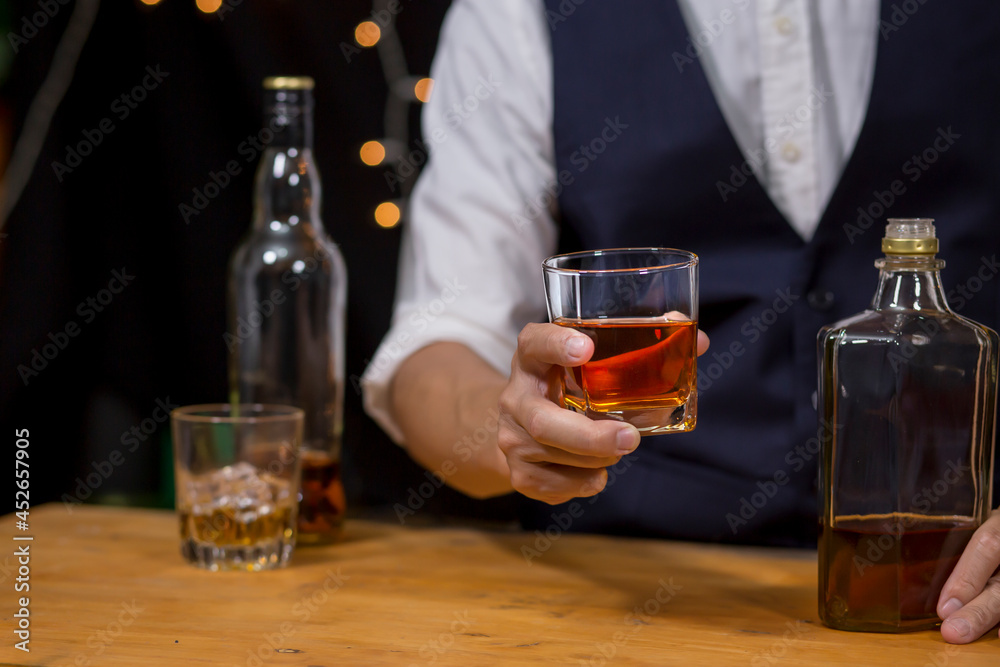 Bartender Serve Whiskey, on wood bar, 