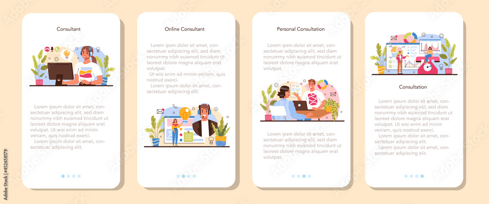 Fototapeta premium Consultant mobile application banner set. Specialist making research