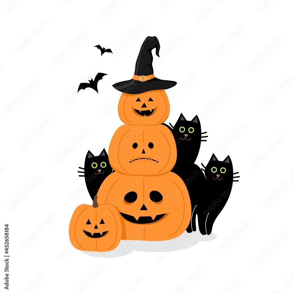 Halloween illustration with pumpkin and black cat on a white background. Vector illustration