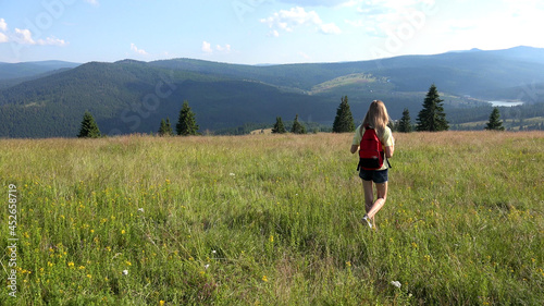 Child Hiking in Mountains Trails, Kid Walking at Camping in Alpine, Teenager Girl Hiker Traveling in Summer Trip Vacation