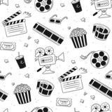 Hand drawn cinema seamless pattern with movie camera, clapper board, cinema reel and tape, popcorn in striped box, film ticket and 3d glasses. Vector illustration in doodle style on white background.