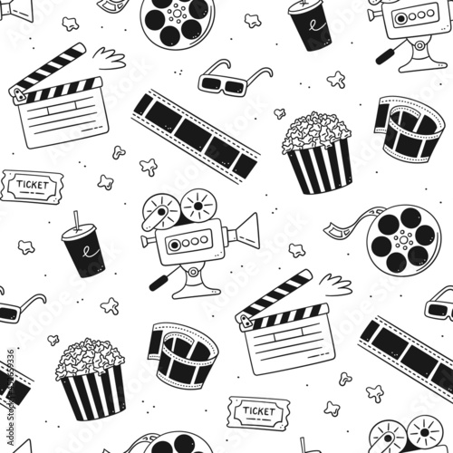 Hand drawn cinema seamless pattern with movie camera, clapper board, cinema reel and tape, popcorn in striped box, film ticket and 3d glasses. Vector illustration in doodle style on white background.